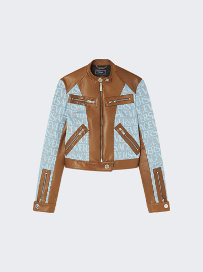 Shop Versace Logo Canvas Leather Jacket In Pale Blue And Beige