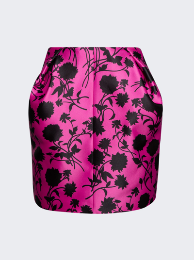 Shop Versace Floral Print Pleated Duchesse Satin Mini Skirt In Black And Waterlily