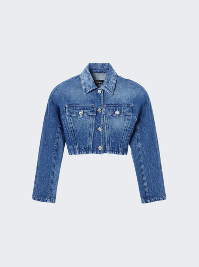 Shop Versace Rounded Crop Denim Jacket In Medium Blue