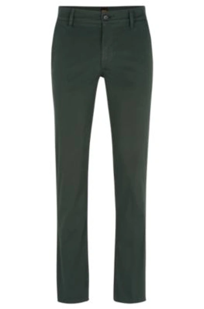 Shop Hugo Boss Slim-fit Trousers In Stretch-cotton Satin In Dark Green