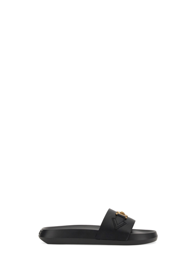 Versace La Medusa Embellished Leather Slides In Black