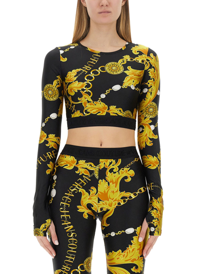 Shop Versace Jeans Couture Cropped Top With Logo In Multicolor