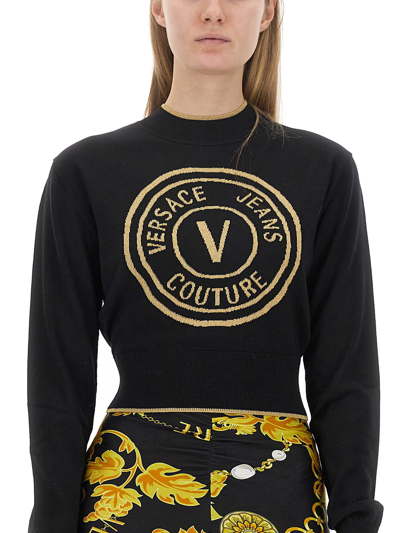 Shop Versace Jeans Couture Cropped V-emblem Sweatshirt In Nero