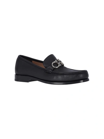 Ferragamo Bart Black Loafers With Embossed Gancini Detail On The Front In Leather Man In Black