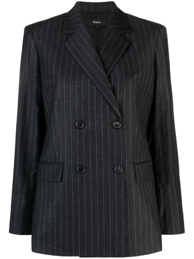 Shop Theory Double-breasted Slim Blazer In Sleek Pinstripe Flannel In Gray