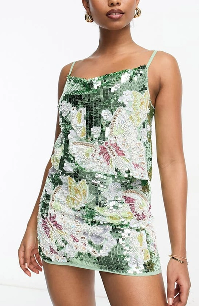 Asos Design Sequin Miniskirt In Medium Green