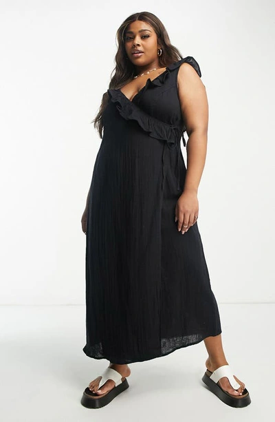 Asos Design Ruffle Detail Midi Wrap Sundress In Black In Black