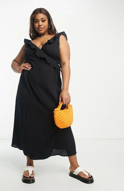 Asos Design Ruffle Detail Midi Wrap Sundress In Black In Black