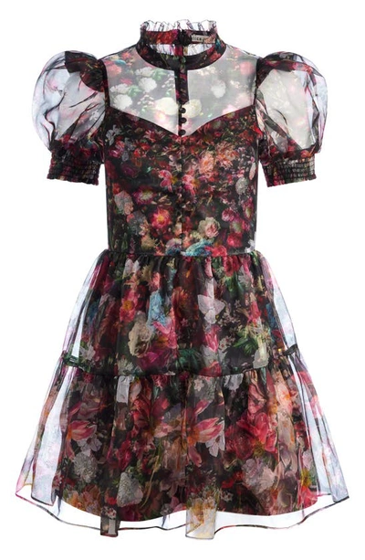 Shop Alice And Olivia Vernita Floral Print Puff Sleeve Silk Minidress In After Midnight