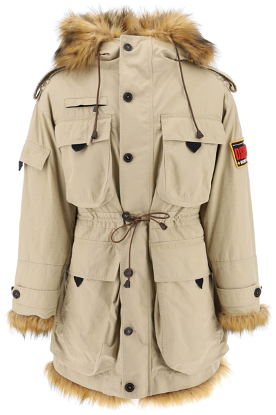 Shop Dsquared2 Canadian Parka With Eco-fur Lining In Beige