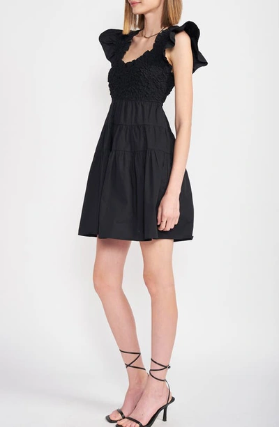 En Saison Matisse Tiered Flutter Sleeve Cotton Minidress In Black