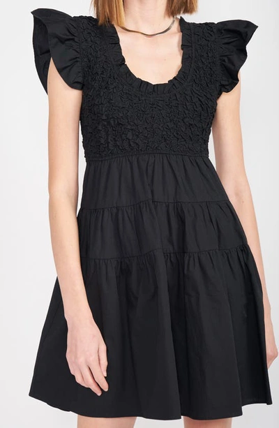 En Saison Matisse Tiered Flutter Sleeve Cotton Minidress In Black