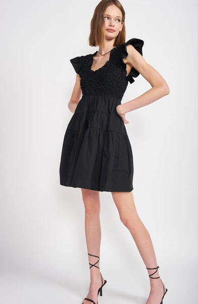 En Saison Matisse Tiered Flutter Sleeve Cotton Minidress In Black