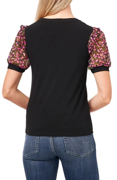 Cece Mixed Media Puff Sleeve Top In Rich Black