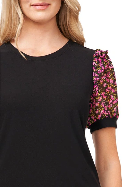 Cece Mixed Media Puff Sleeve Top In Rich Black