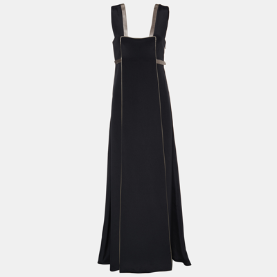 Pre-owned Balenciaga Black Silk Satin Contrast Trim Detail Sleeveless Maxi Dress M