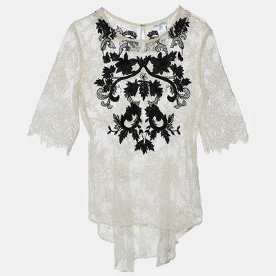 Pre-owned Oscar De La Renta White Lace Contrast Embroidery High Low Hem Top M