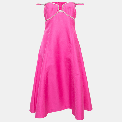 Pre-owned Self-portrait Pink Jacquard Rhinestone-embellished Midi Dress L