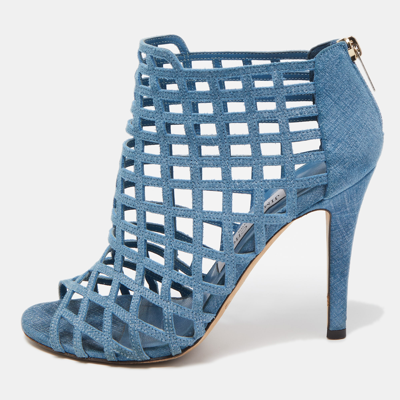 Pre-owned Jimmy Choo Blue Textured Suede Dassa Caged Booties Size 37