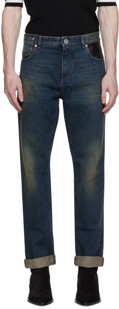 Shop Balmain Blue Leather Pocket Jeans In Sgs Bleu Jean Brut/n