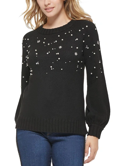 Shop Karl Lagerfeld Womens Knit Embellished Crewneck Sweater In Black