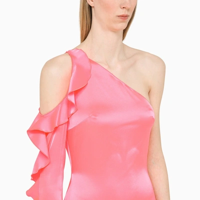Shop David Koma Fluo Pink One Shoulder Dress In Satin