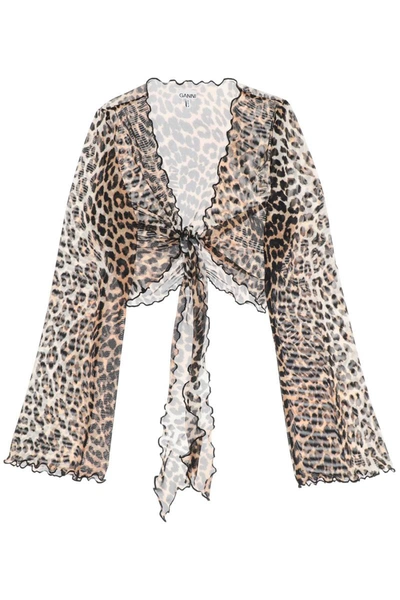 Shop Ganni Cover Up Cropped Top In Mesh With Leopard Print In Multicolor