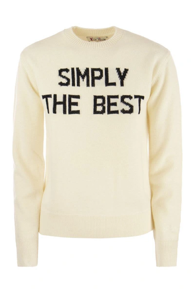 Shop Mc2 Saint Barth Wool And Cashmere Blend Jumper With Simply The Best Embroidery In White