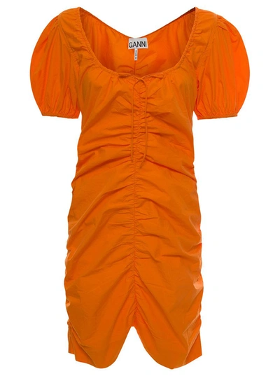 Shop Ganni Mini Gathered Orange Dress With Balloon Sleeves In Cotton Woman