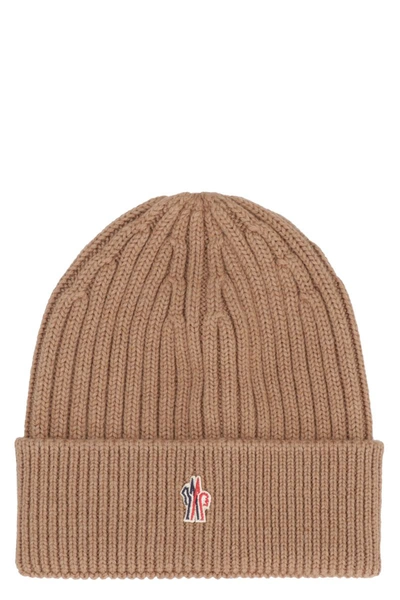 Shop Moncler Grenoble Ribbed Knit Beanie In Camel
