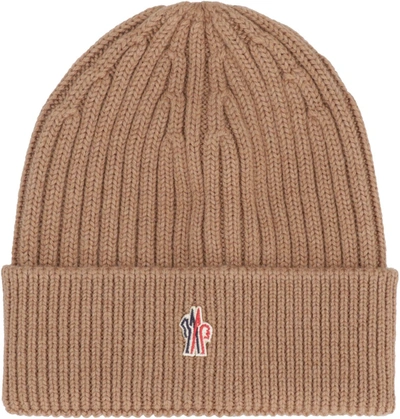 Shop Moncler Grenoble Ribbed Knit Beanie In Camel