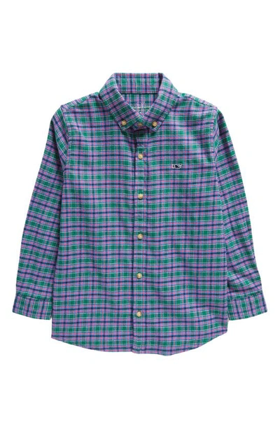 Shop Vineyard Vines Kids' Check Cotton Stretch Flannel Button-down Shirt In Chk Turf Green