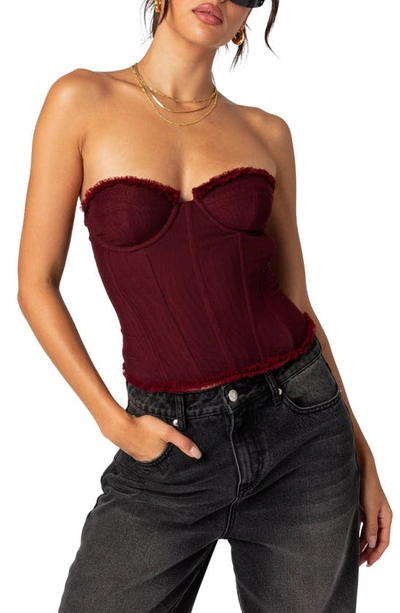 Shop Edikted Deirdre Lace-up Strapless Mesh Corset Top In Burgundy