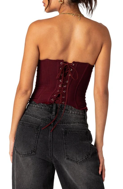 Shop Edikted Deirdre Lace-up Strapless Mesh Corset Top In Burgundy