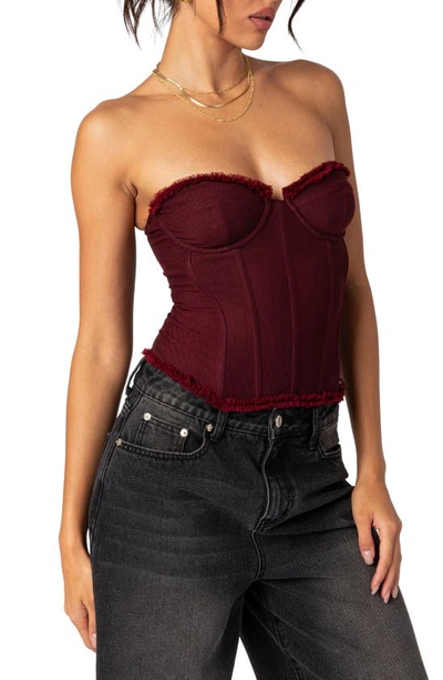 Shop Edikted Deirdre Lace-up Strapless Mesh Corset Top In Burgundy