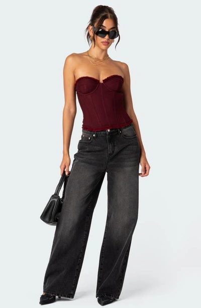 Shop Edikted Deirdre Lace-up Strapless Mesh Corset Top In Burgundy