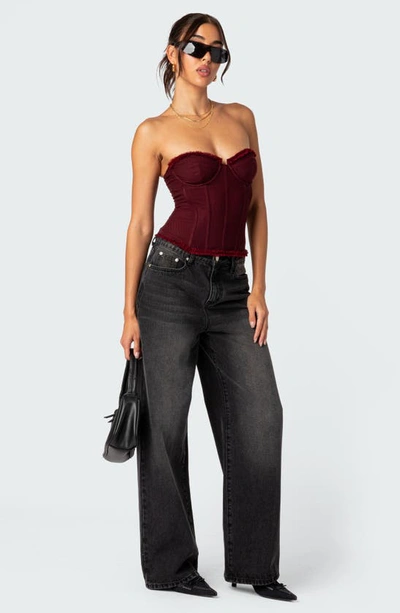 Shop Edikted Deirdre Lace-up Strapless Mesh Corset Top In Burgundy