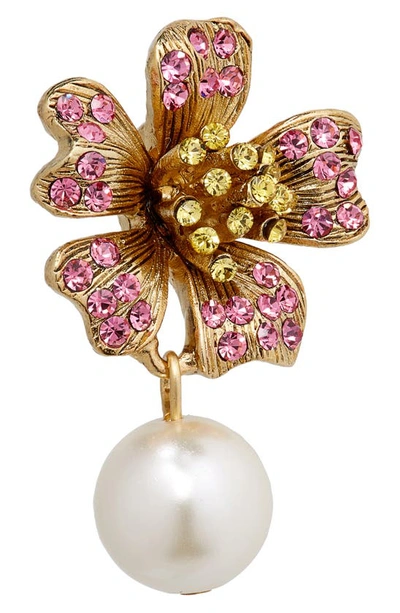 Shop Oscar De La Renta Crystal Floral Imitation Pearl Drop Earrings In Rose Multi