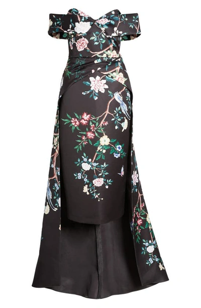 Shop Marchesa Notte Floral Off The Shoulder High-low Gown In Black Combo