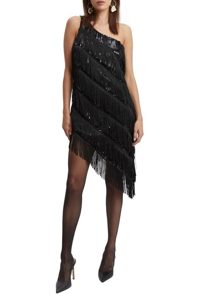 Shop Bardot Lennox Sequin Fringe One-shoulder Cocktail Dress In Black