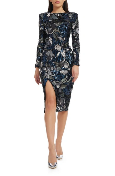 Shop Dress The Population Natalie Sequin Long Sleeve Body-con Dress In Navy Multi