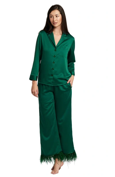 Shop Rya Collection Swan Feather Trim Charmeuse Pajamas In Emerald