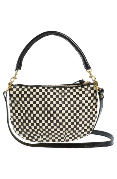 Shop Clare V Petit Moyen Woven Leather Messenger Bag In Black And Cream Woven Checker