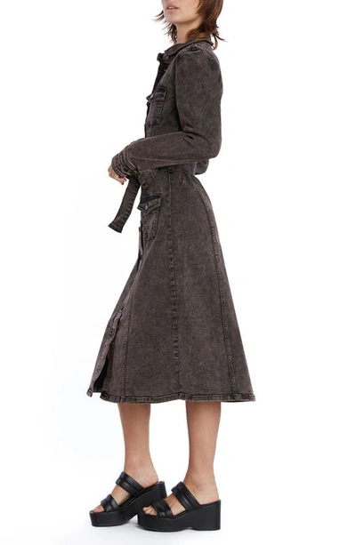 Wash Lab Denim Tie Waist Long Sleeve Cargo Denim Midi Shirtdress In Black Coffee