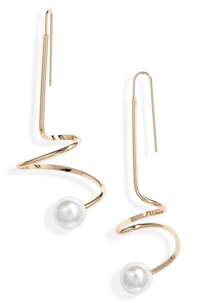 Shop Open Edit Imitation Pearl Spiral Wire Drop Earrings In White/ Gold