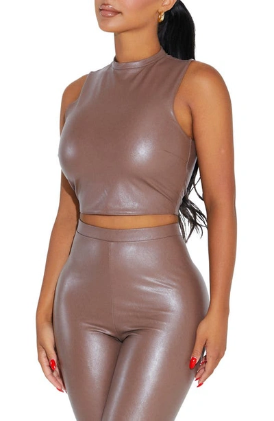 Shop Naked Wardrobe Faux Good Faux Leather Crop Top In Taupe