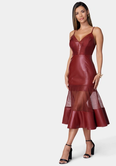 Bebe Mesh And Faux Leather Flare Dress In Wine