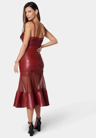 Bebe Mesh And Faux Leather Flare Dress In Wine