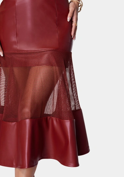 Bebe Mesh And Faux Leather Flare Dress In Wine