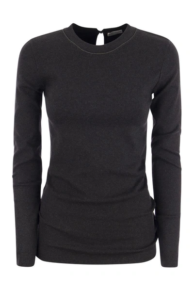 Shop Brunello Cucinelli Ribbed Stretch Cotton Jersey T-shirt With Jewellery In Lead